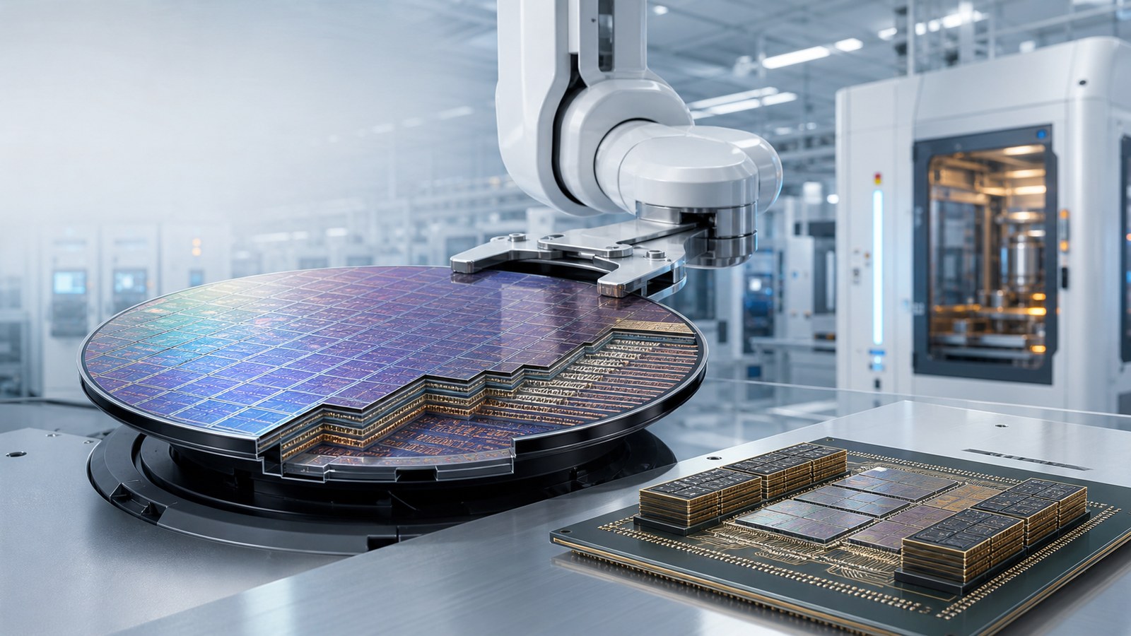 AI Chip Manufacturing Animation 1 AI chip manufacturing animation showing wafer fabrication advanced packaging and final testing