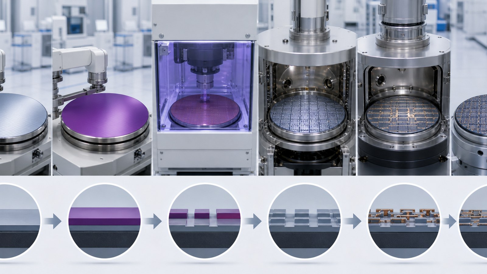 AI Chip Manufacturing Animation 2 AI chip manufacturing animation showing wafer fabrication from photoresist through lithography etch deposition and patterned wafer