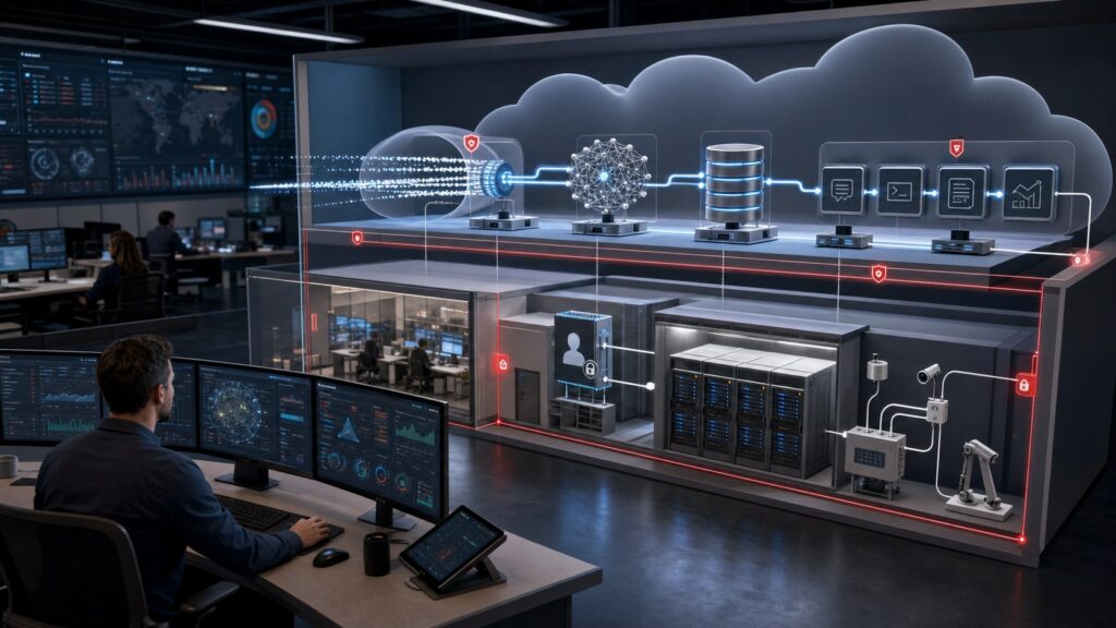 AI cybersecurity animation visualizing enterprise data model retrieval identity tools and security monitoring