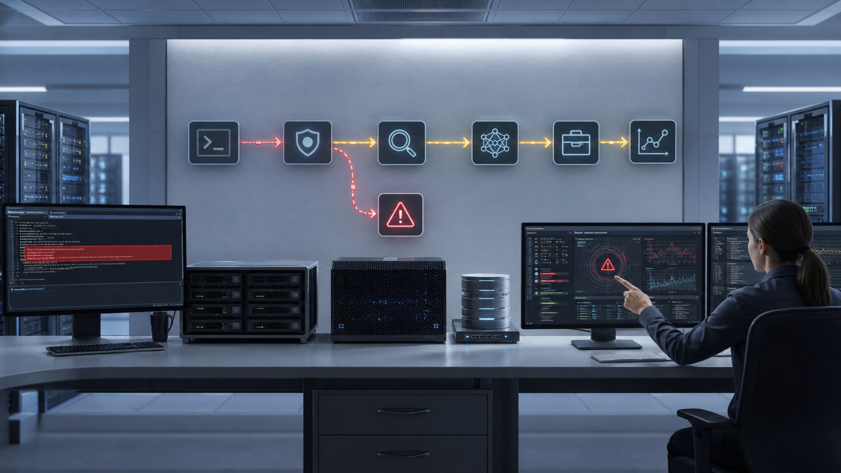 AI cybersecurity threat path showing prompt injection detection across an API retrieval system and business tool