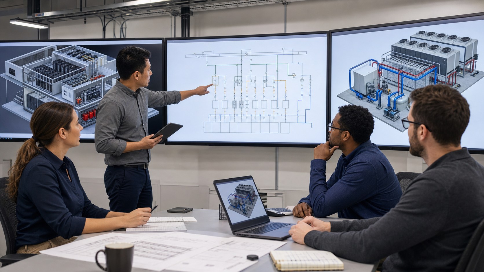 Engineers and 3D visualization specialists reviewing an AI data center digital twin power diagram and cooling model