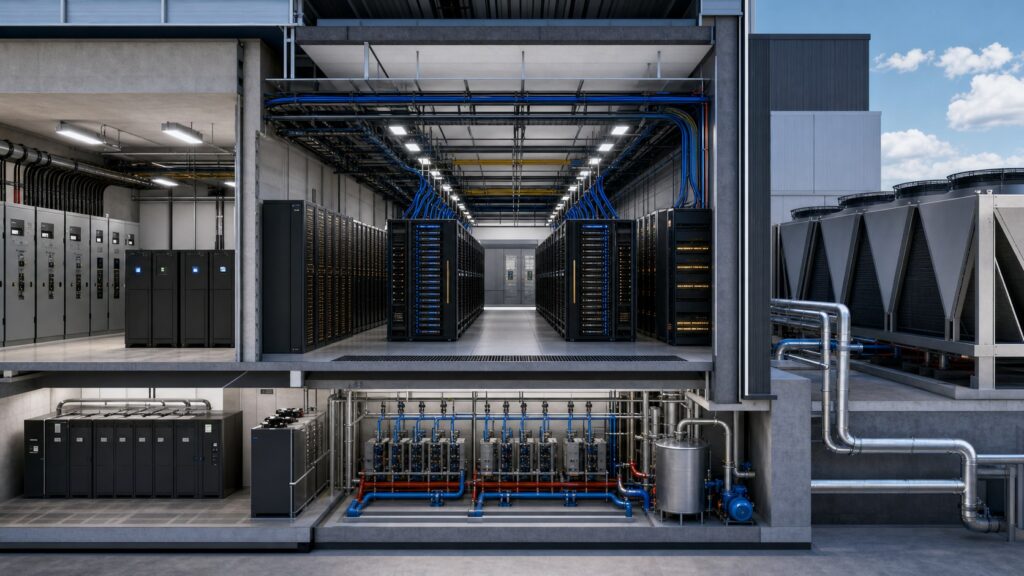 AI data center infrastructure animation showing GPU racks power liquid cooling network fabric and heat rejection