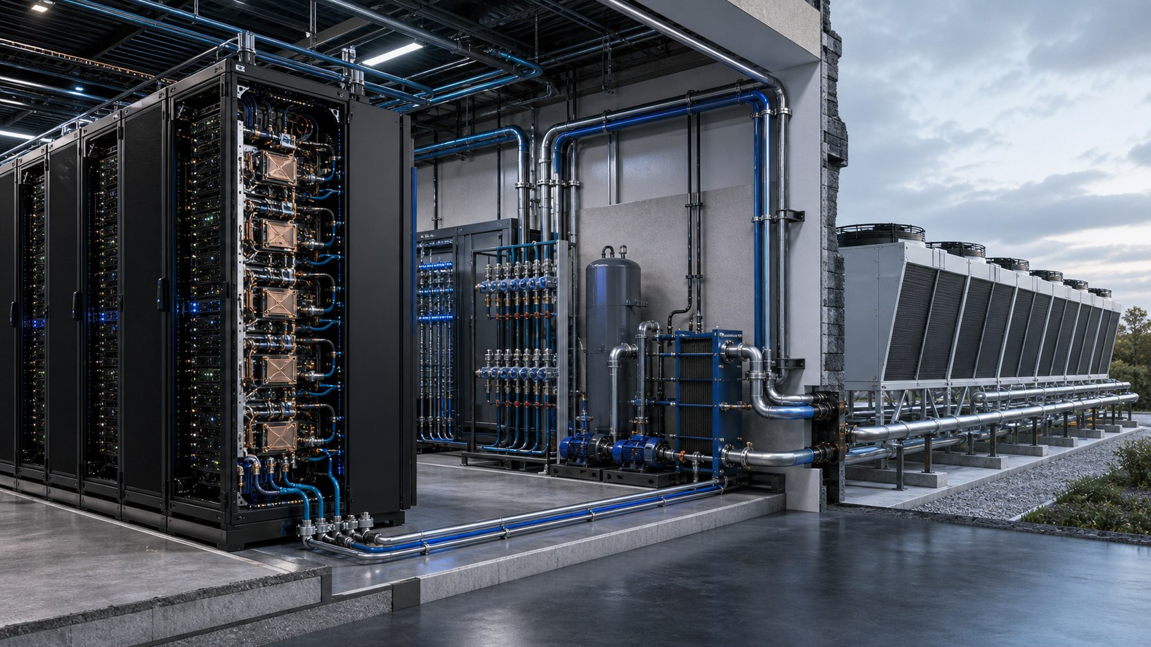 Realistic 3D visualization of an AI data center liquid cooling loop with cold plates manifolds pumps heat exchangers and dry coolers