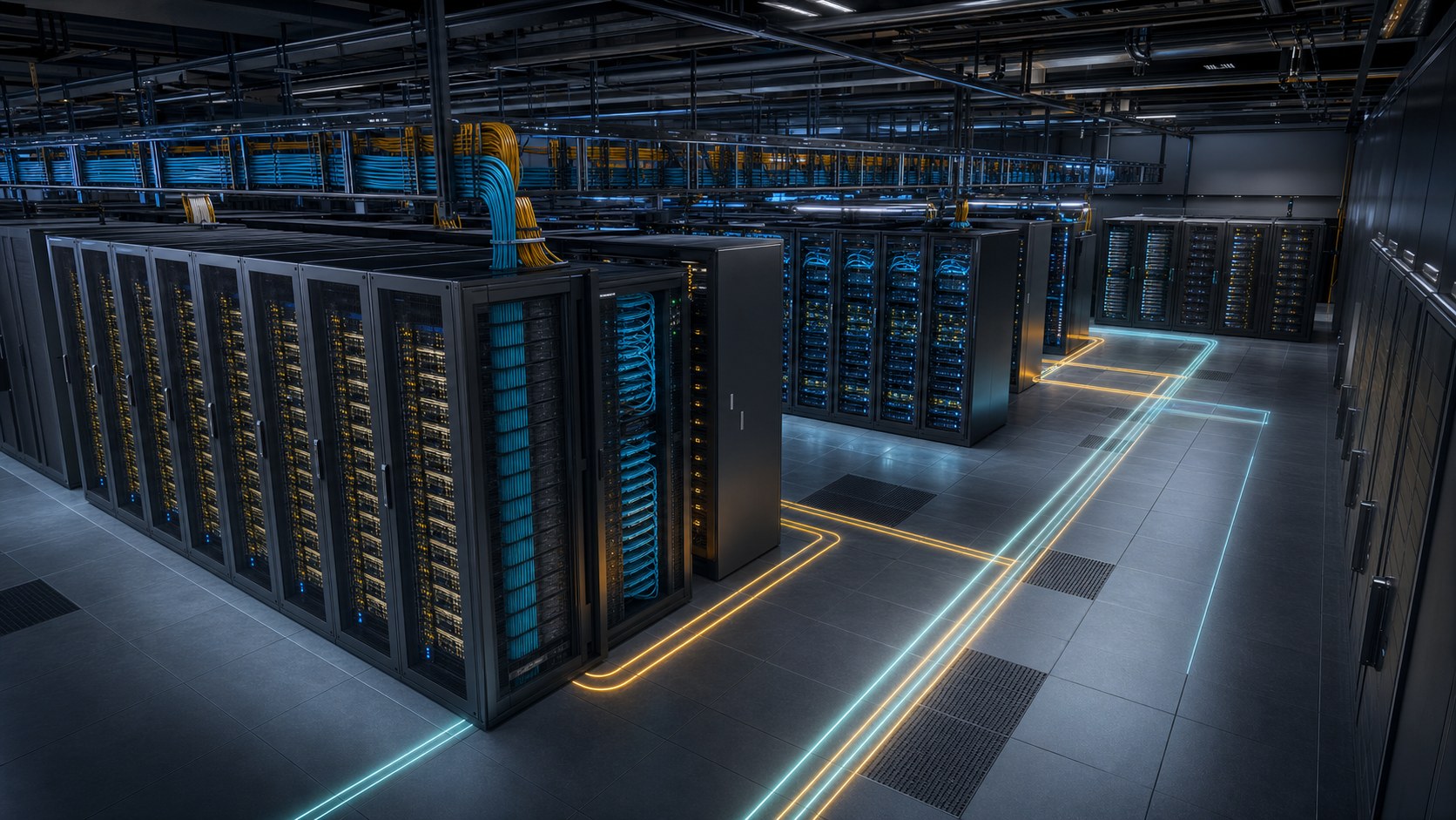 GPU infrastructure animation visualizing high-speed network fabric storage and data paths inside an AI data center