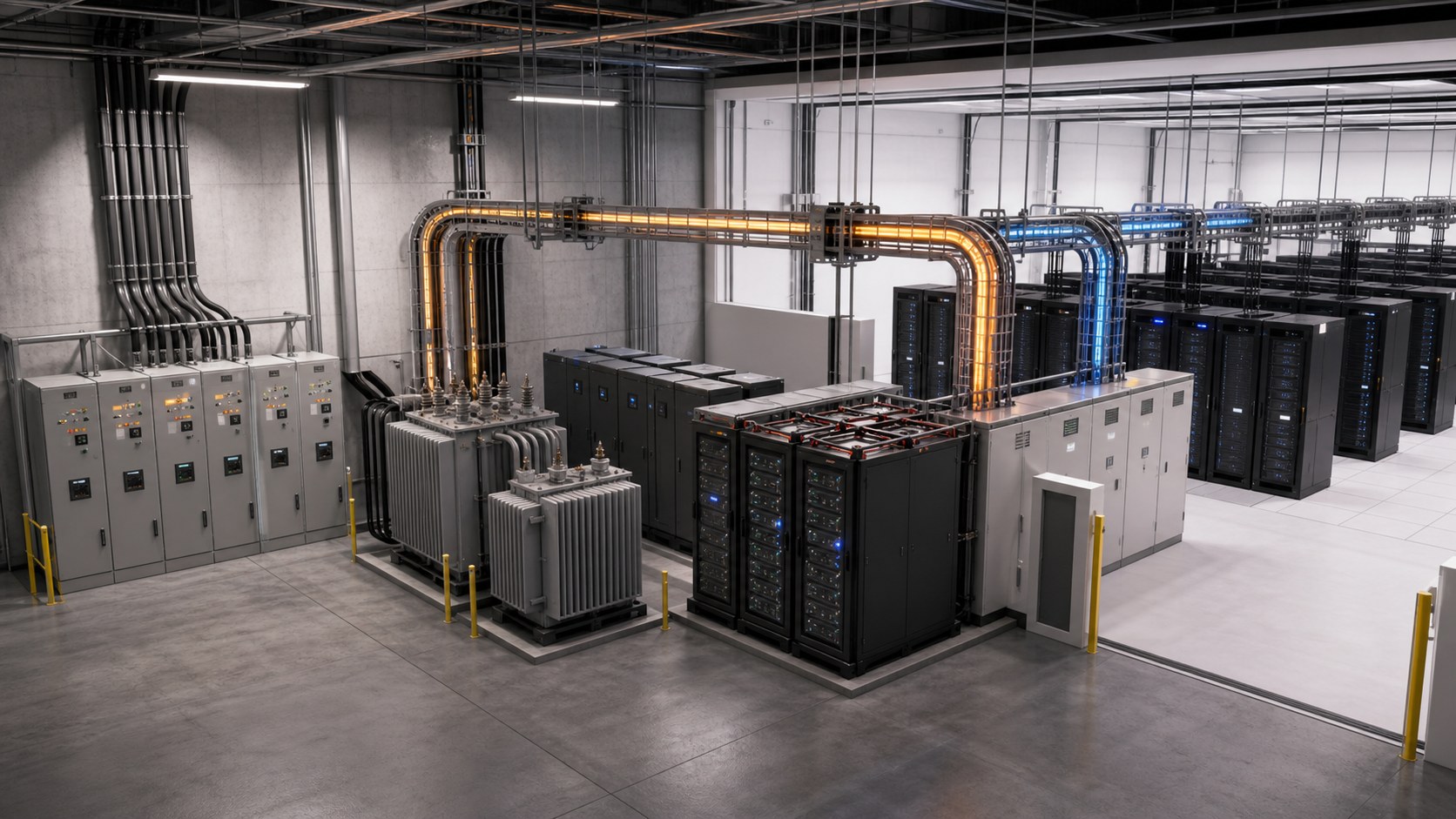 AI data center infrastructure animation showing redundant electrical power paths from switchgear to dense GPU racks
