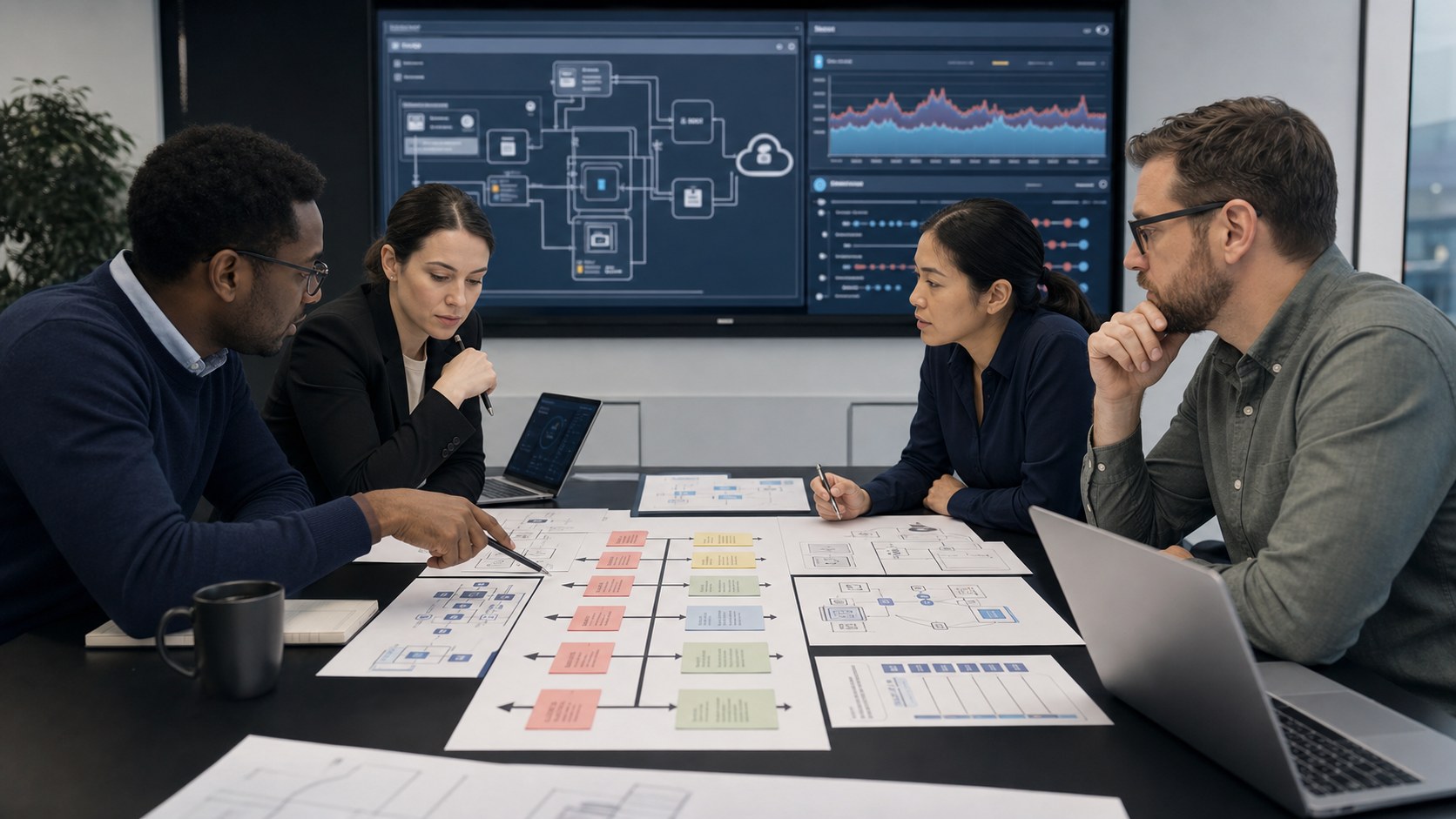 Cybersecurity machine learning legal and operations team reviewing an AI security incident animation
