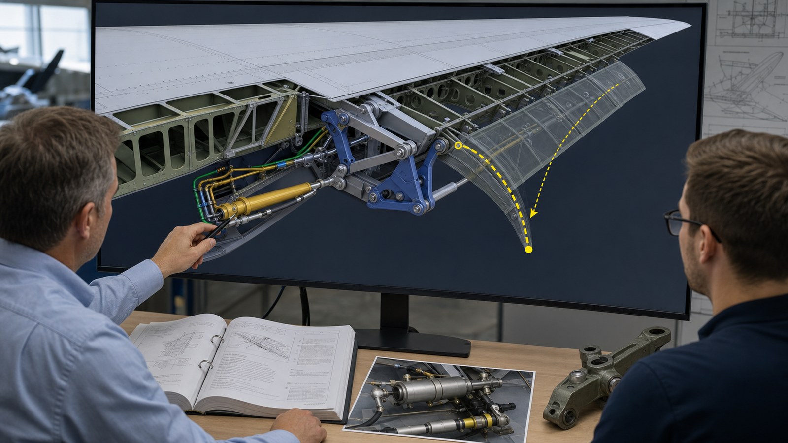 Scientifically plausible 3D aviation litigation graphic showing an aircraft flight control system cutaway