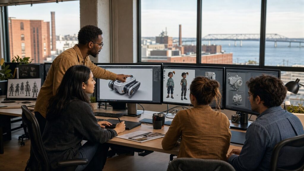 Animation studios in Bridgeport team reviewing 3D product visualization and original character animation