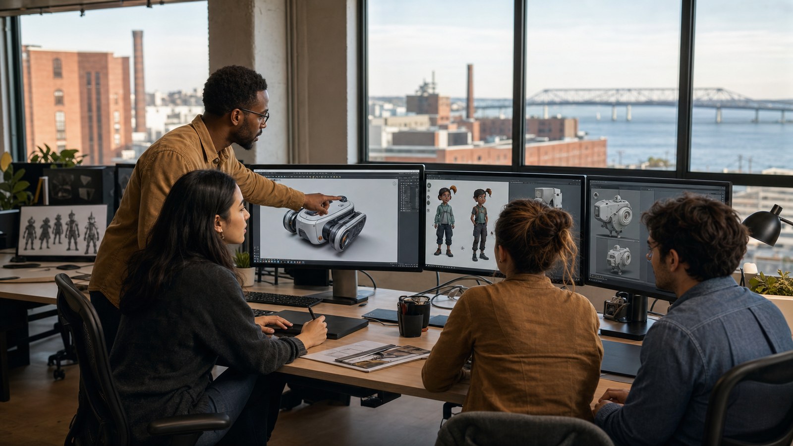 Animation studios in Bridgeport team reviewing 3D product visualization and original character animation