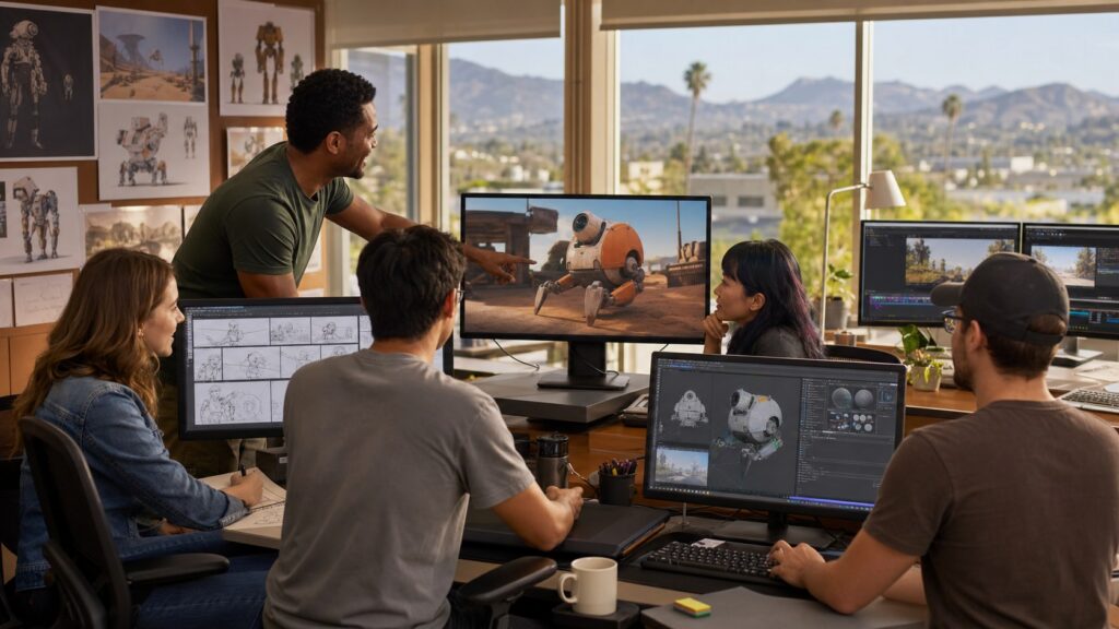 Animation studios in Escondido team reviewing original 2D storyboards 3D animation and post production