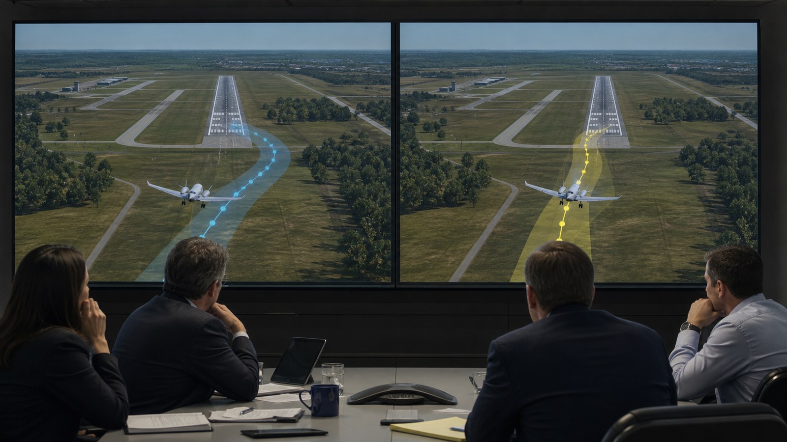 Aviation experts comparing two flight path scenarios with matched camera scale timing and uncertainty bands