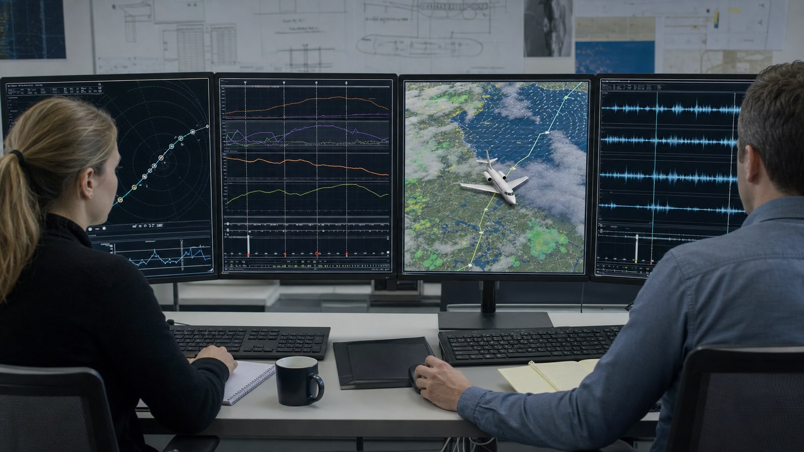 Aviation accident reconstruction team synchronizing flight data radar weather and air traffic records