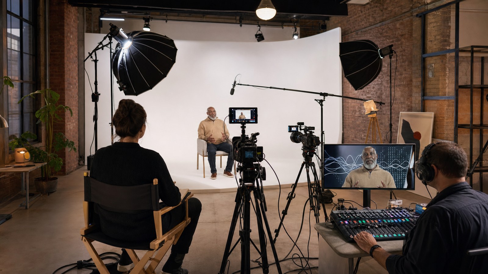 Bridgeport video production studio with cyclorama interview lighting cameras and motion graphics preview