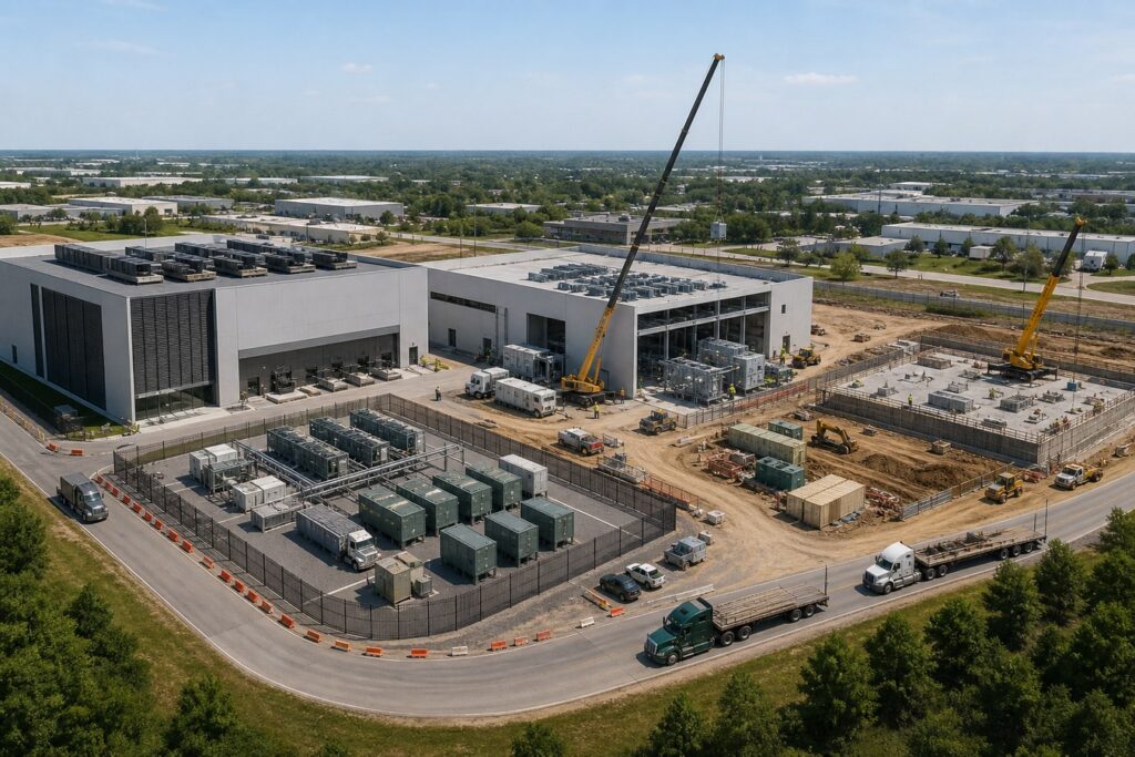 Data center construction phasing animation showing a campus built in coordinated stages