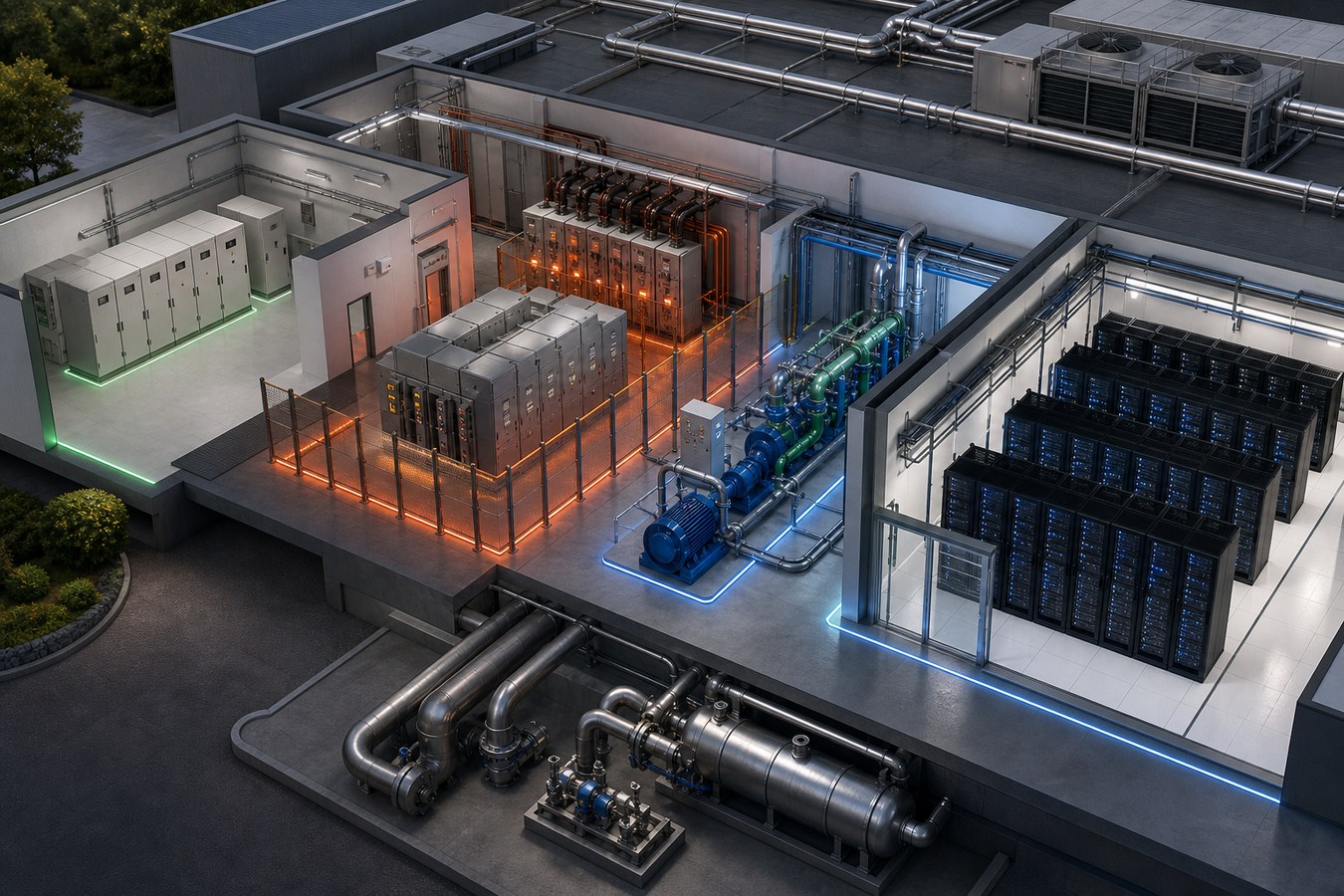 Data center commissioning animation showing installed energized tested and accepted system states
