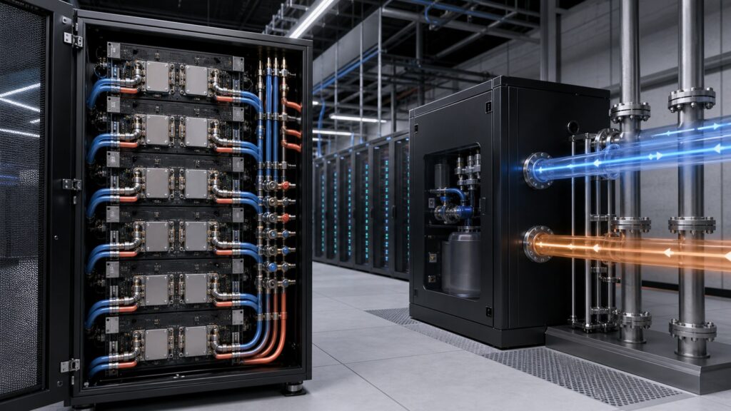 Data center liquid cooling animation showing AI racks cold plates manifolds CDU and facility loops
