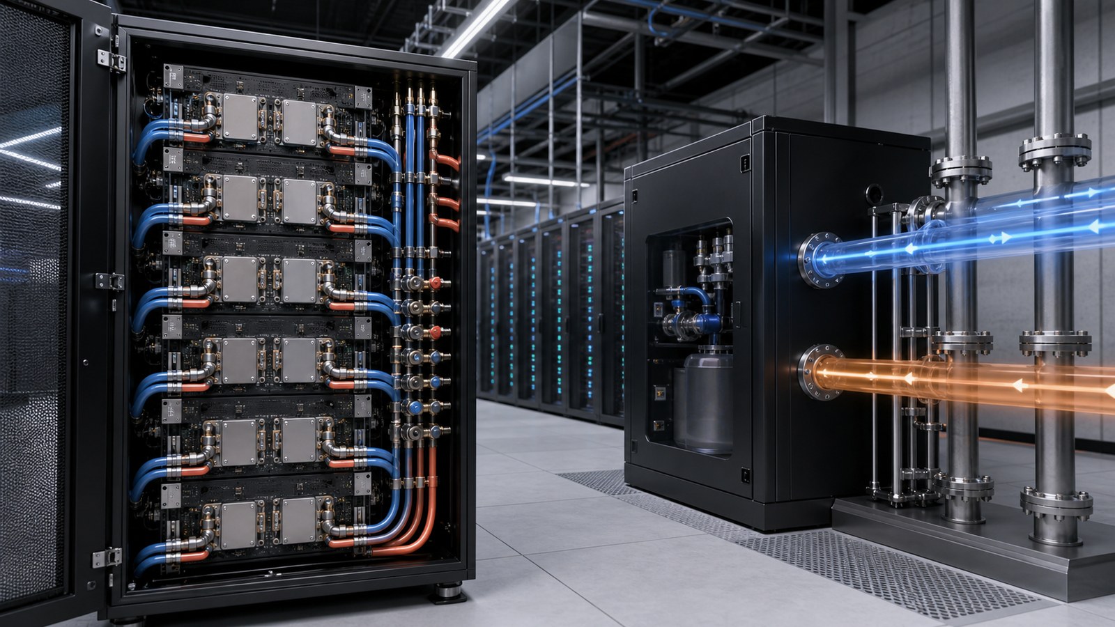 Data Center Liquid Cooling Animation for High-Density Racks 1 Data center liquid cooling animation showing AI racks cold plates manifolds CDU and facility loops