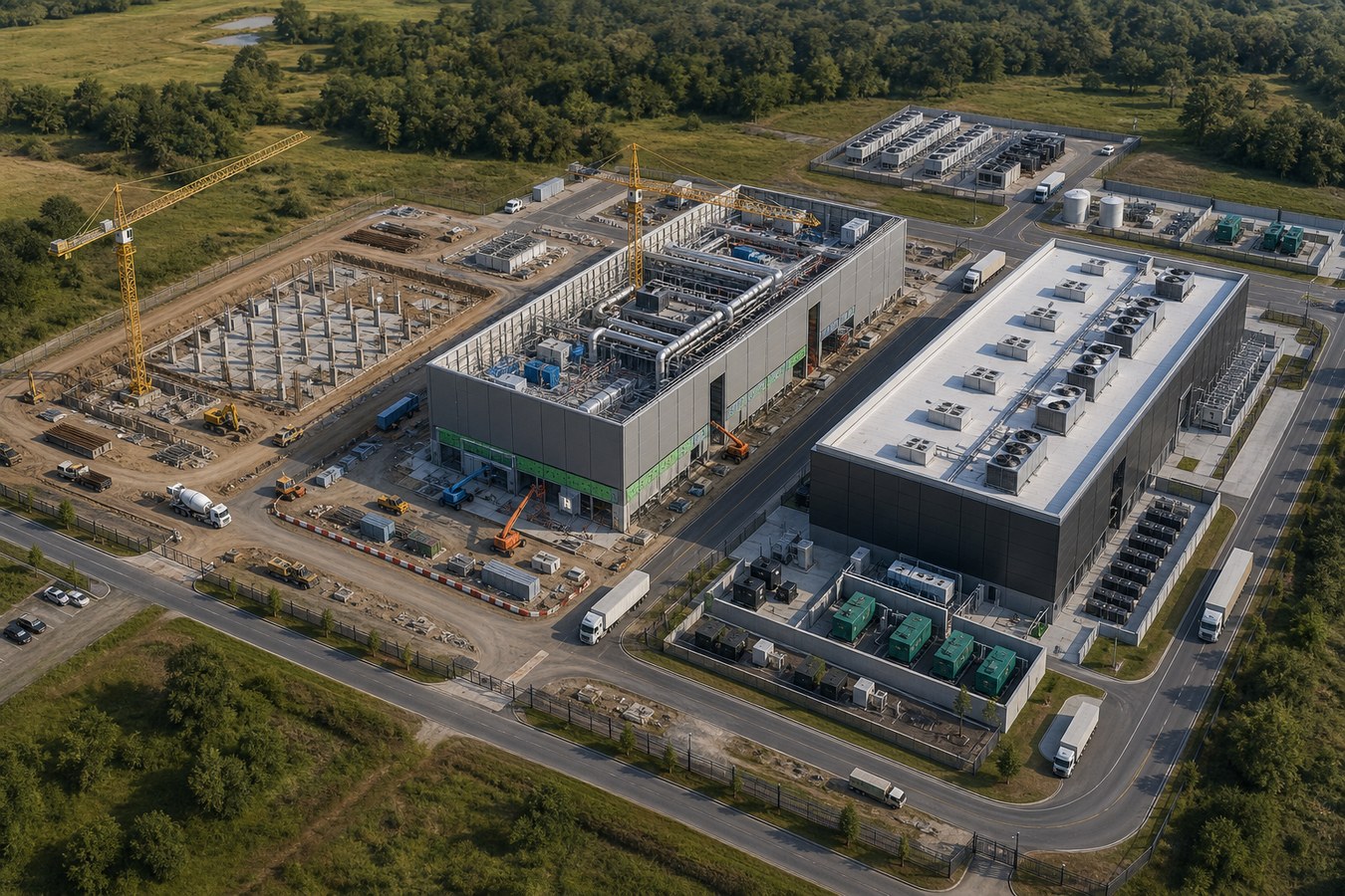 Data center construction phasing animation showing staged campus buildout