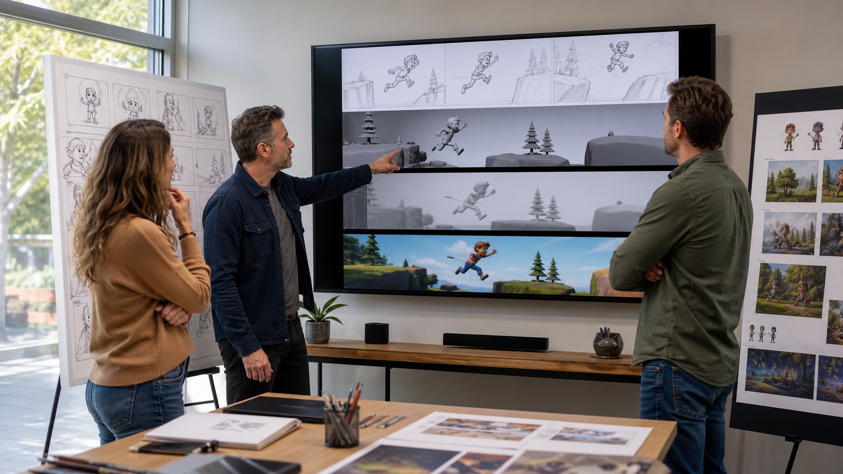 Escondido client reviewing storyboard gray model animatic and final animation approval stages