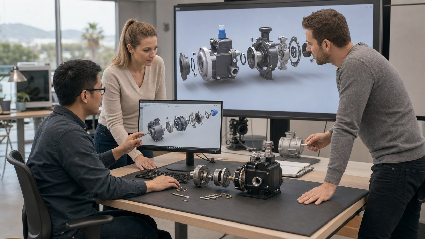 Escondido engineer and 3D artists reviewing an accurate exploded pump and valve animation