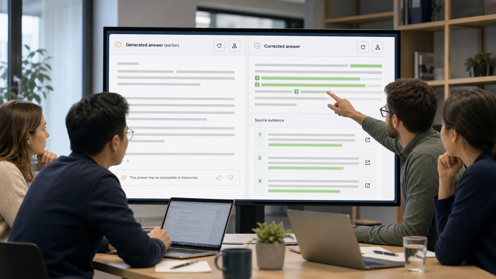 Generative AI Software Demo Video: 2026 Best Practices 3 Software team reviewing unreliable generative AI output corrected with source evidence and human approval