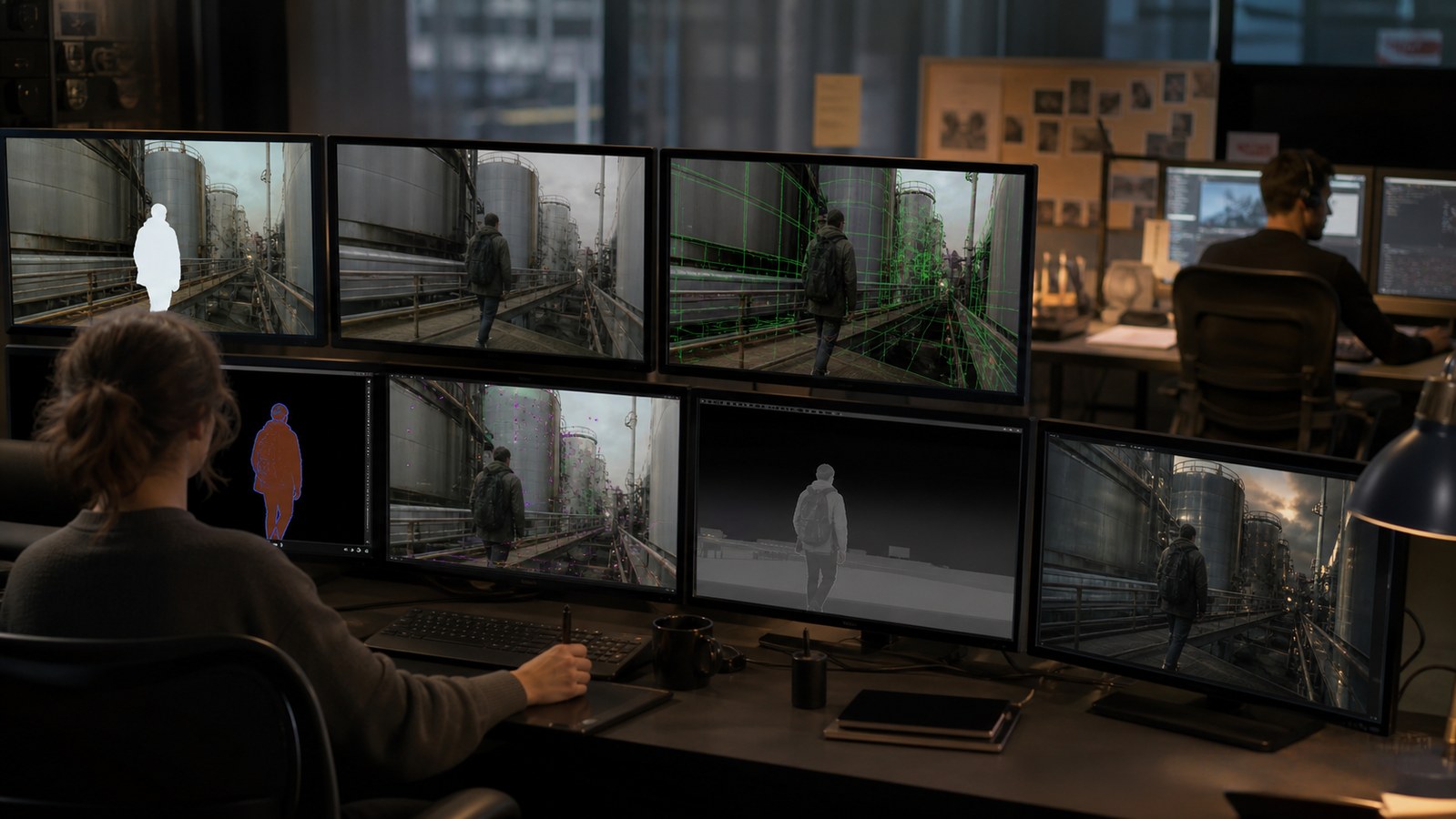Professional VFX workflow showing rotoscoping paint tracking and compositing stages