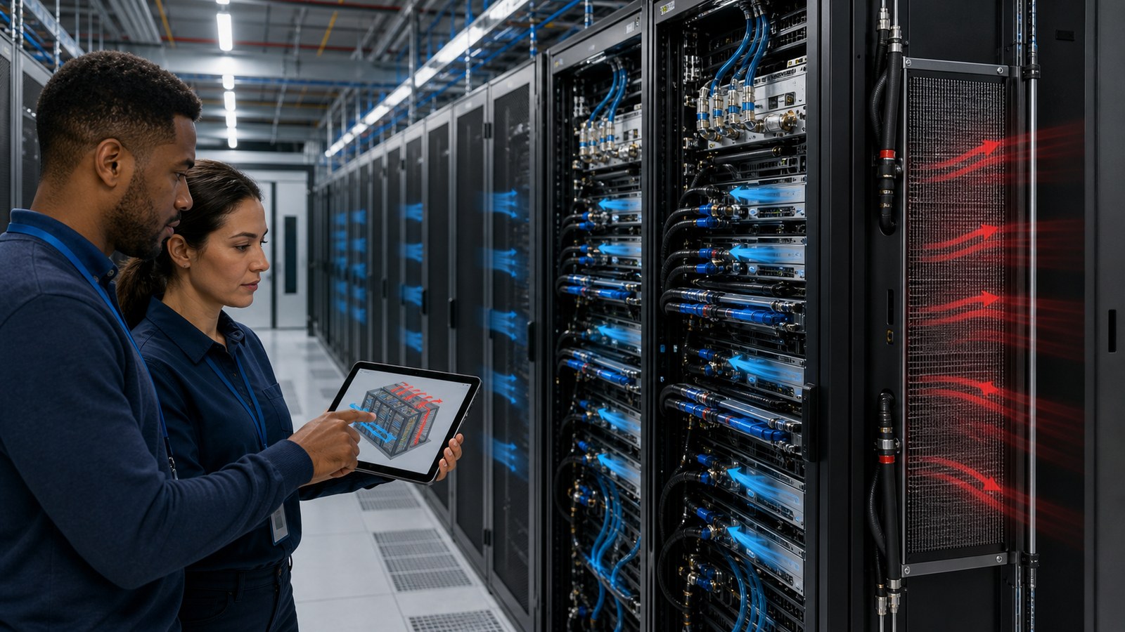 Data Center Liquid Cooling Animation for High-Density Racks 2 Hybrid AI data center cooling animation combining direct-to-chip liquid cooling with contained rack airflow