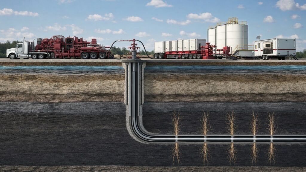 Hydraulic fracturing process animation showing a completed horizontal well frac spread casing and target formation