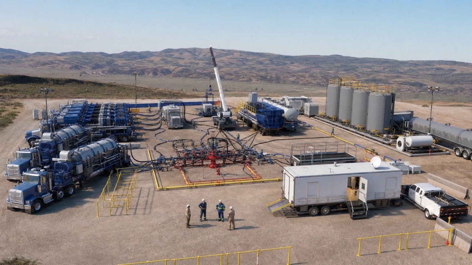 Realistic hydraulic fracturing surface equipment with pumps blender manifold wellhead monitoring and trained workers