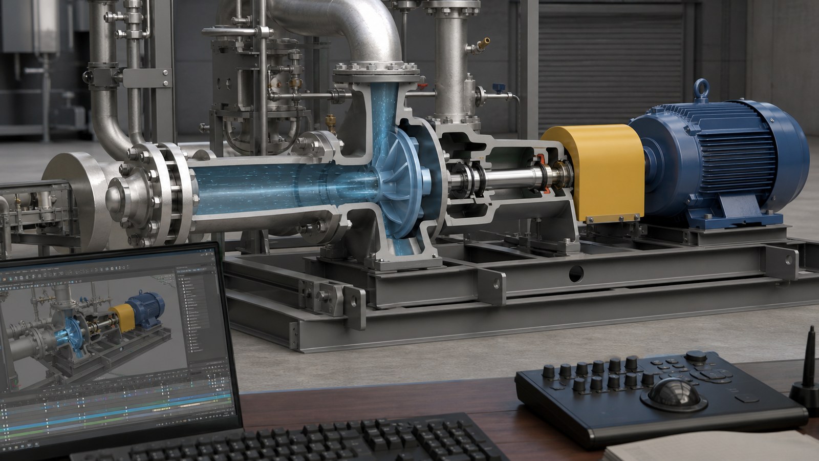 Technical 3D animation for a Joliet manufacturer showing an industrial pump cutaway and internal flow
