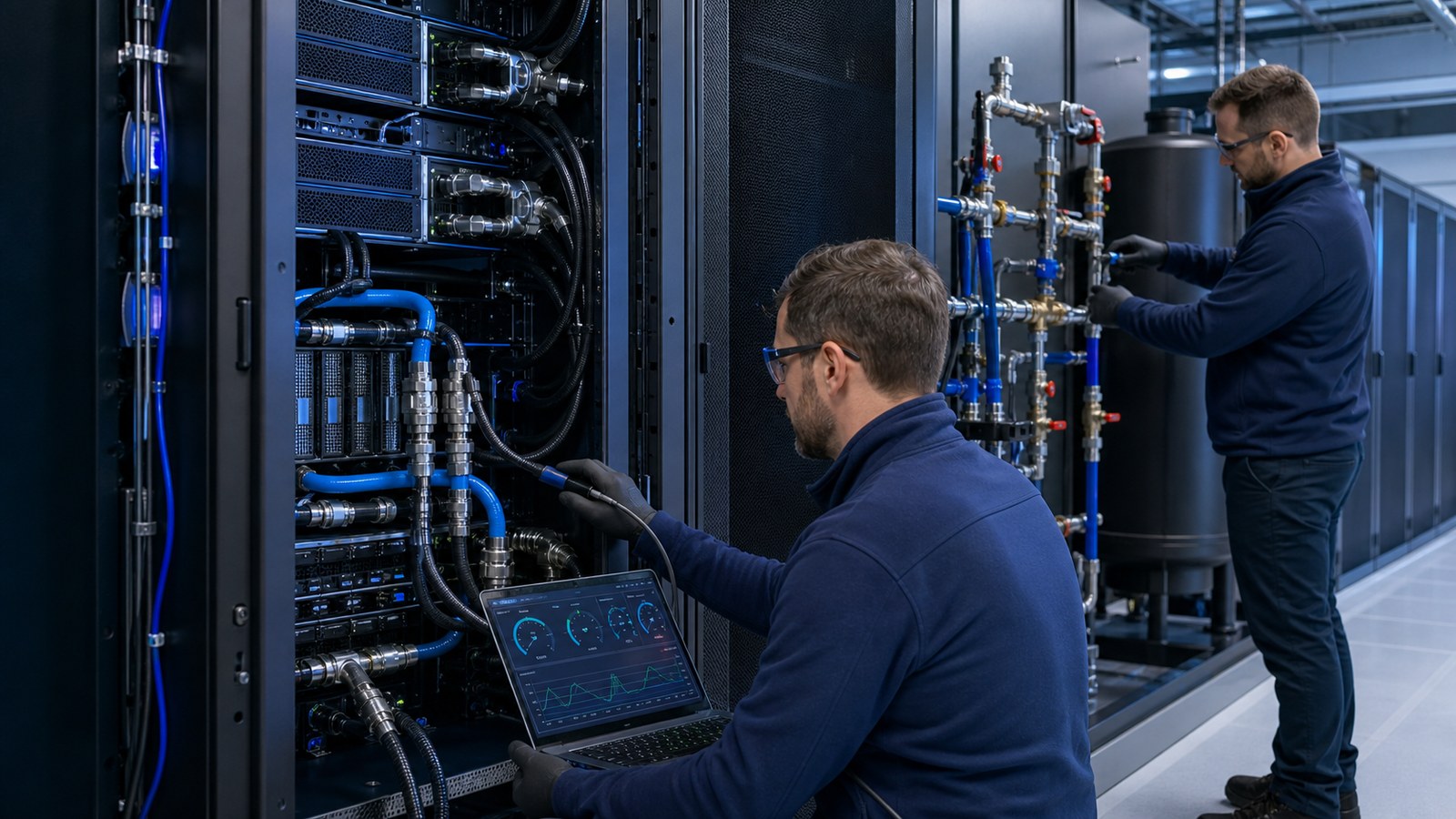 Data Center Liquid Cooling Animation for High-Density Racks 3 Data center engineers commissioning a liquid-cooled rack with flow pressure temperature and leak detection monitoring