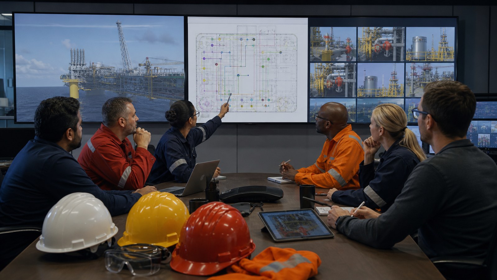 Offshore operations and safety specialists reviewing a 3D training animatic