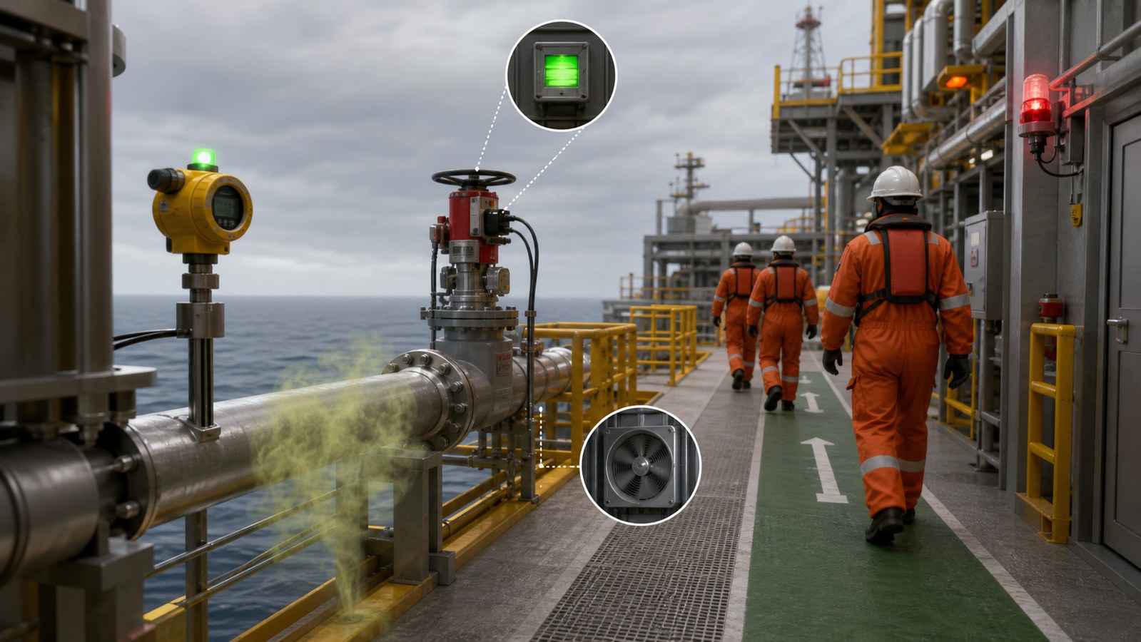 Offshore emergency response animation for gas detection alarm isolation and shutdown