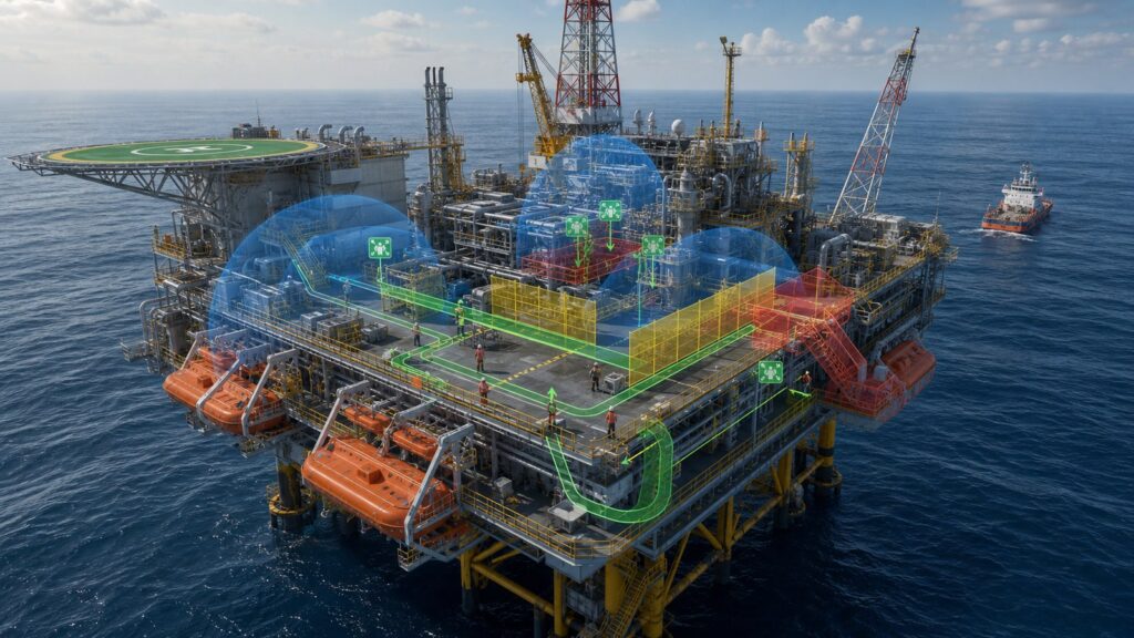 Offshore Platform Safety Animation: Training Guide 13 Offshore platform safety animation showing barriers muster points and emergency routes
