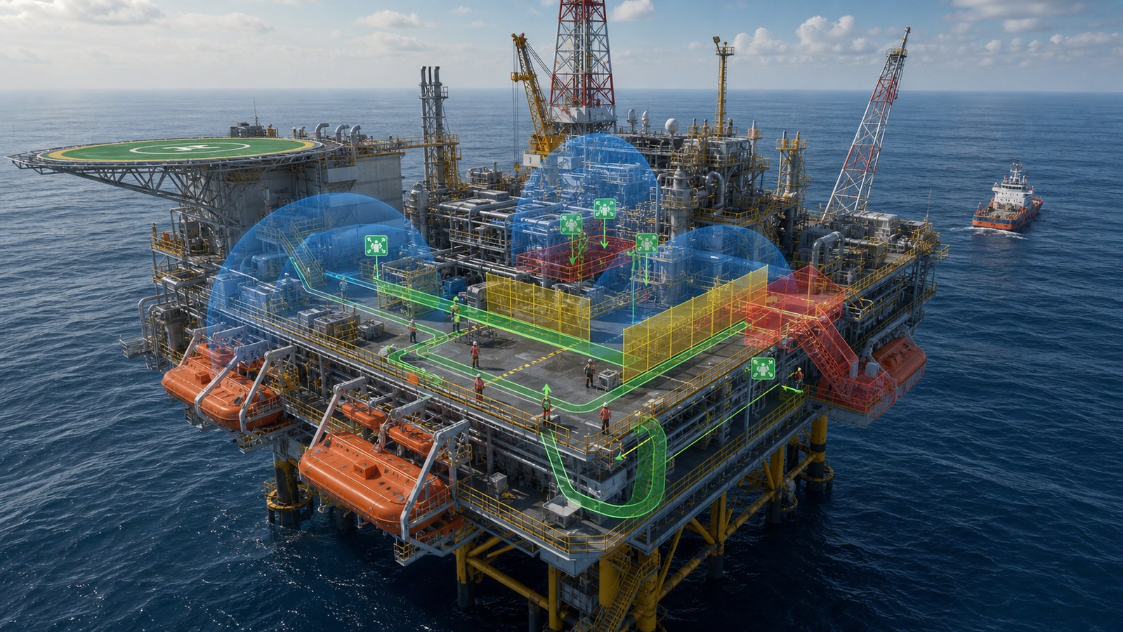 Offshore platform safety animation showing barriers muster points and emergency routes