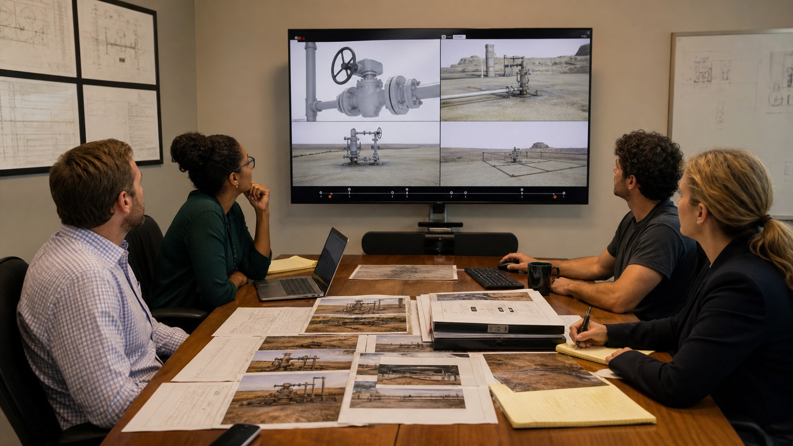 Attorney petroleum engineer environmental expert and animator reviewing oil and gas litigation animation