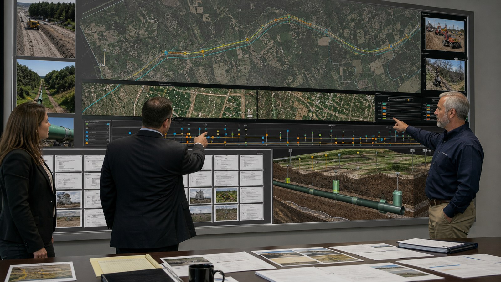 Oil and gas litigation team reviewing an evidence-linked pipeline route timeline and inspection record