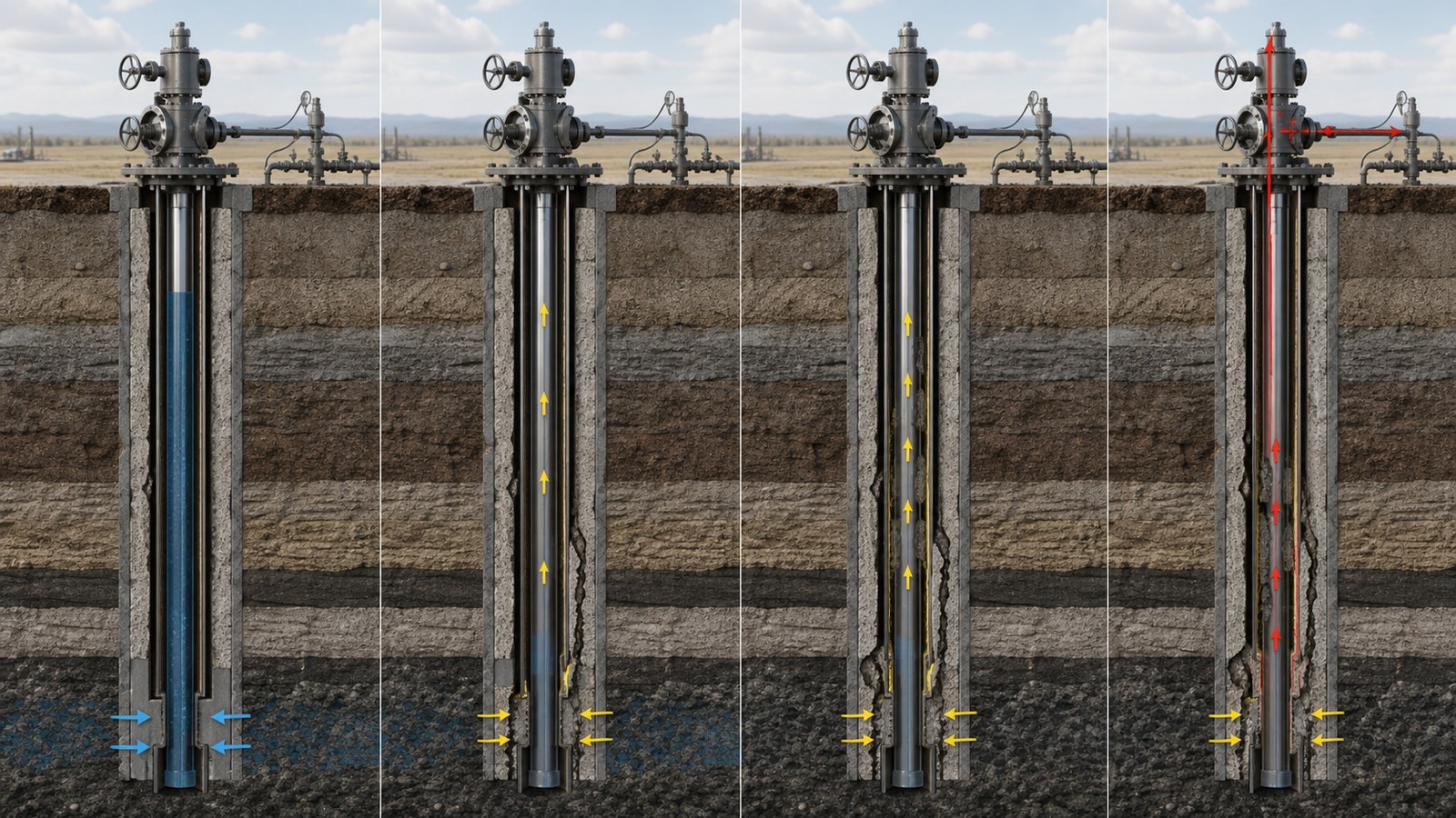 Scientifically plausible 3D oil well failure legal animation with casing tubing wellhead and pressure pathways