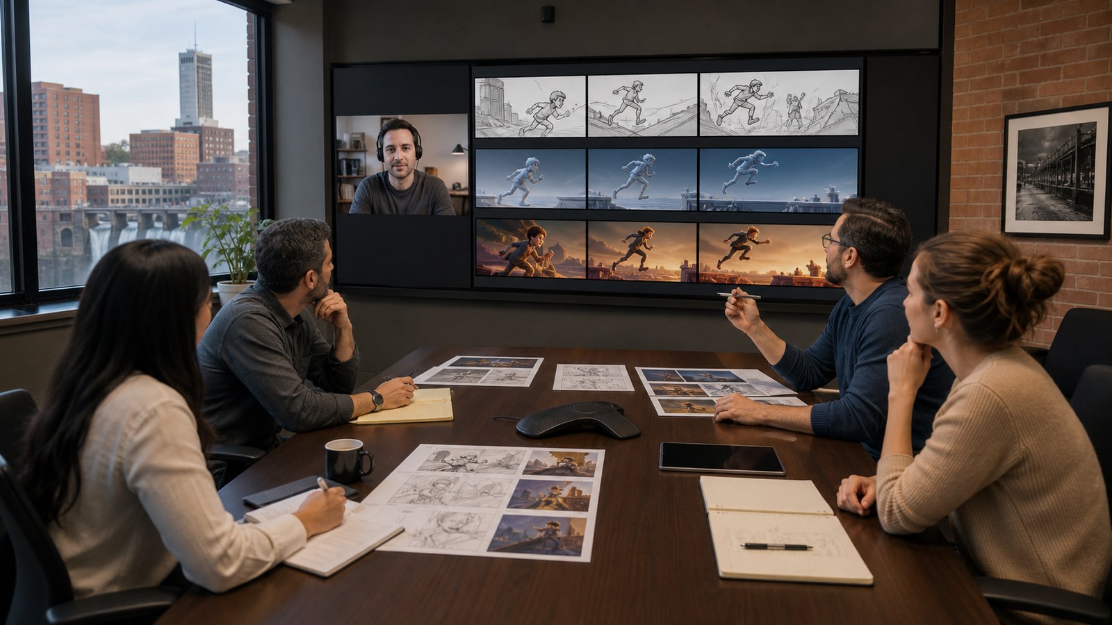Paterson client team reviewing storyboard animatic technical references and final animation frames remotely