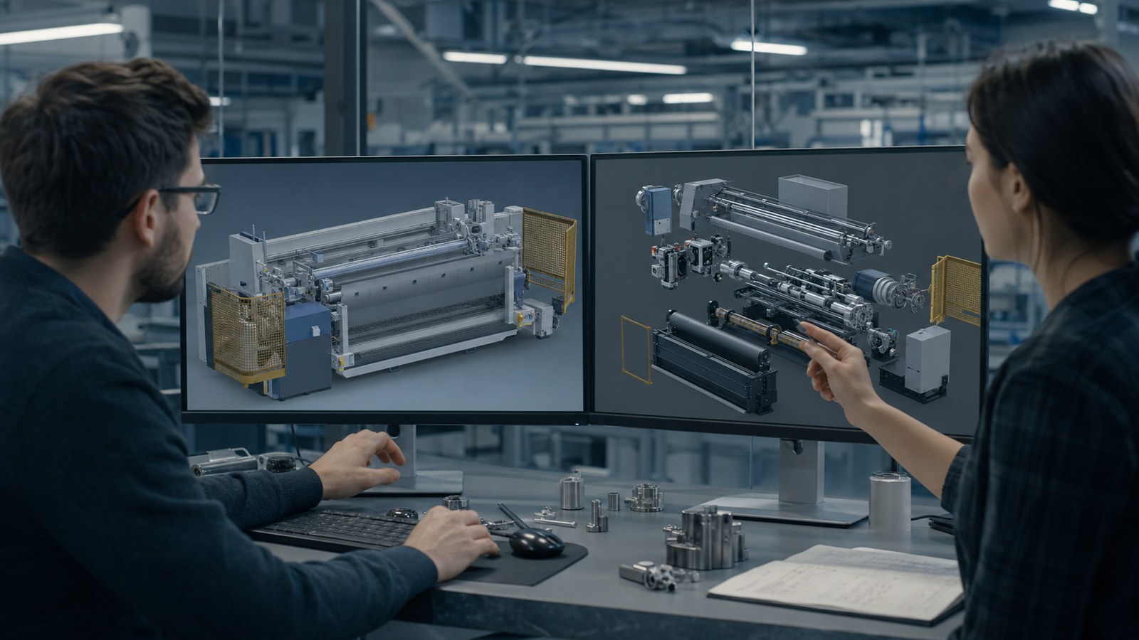 Paterson engineer and 3D artist reviewing an accurate digital twin of manufacturing equipment