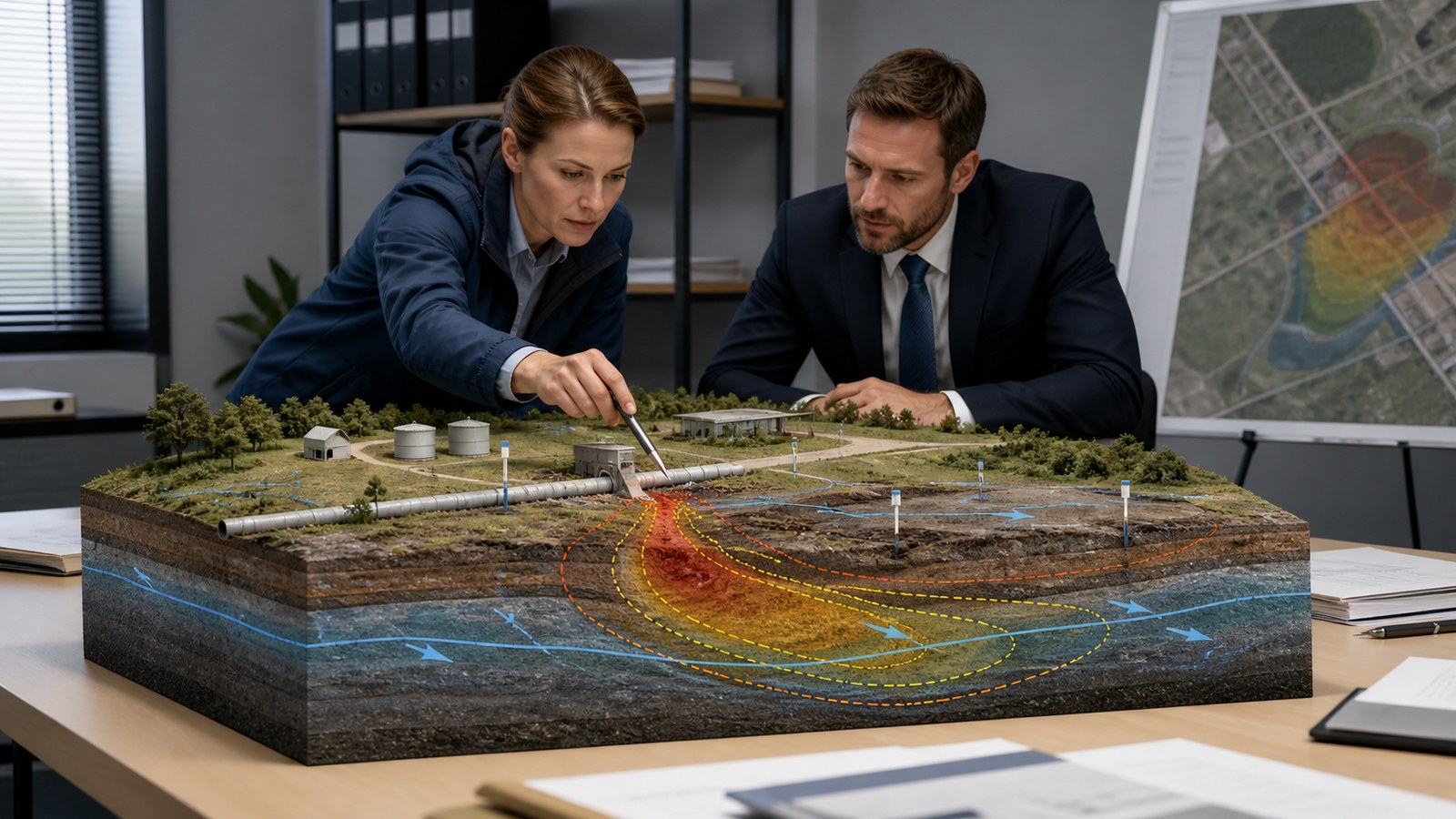 Environmental scientist and attorney reviewing pipeline release soil groundwater and sampling visualization