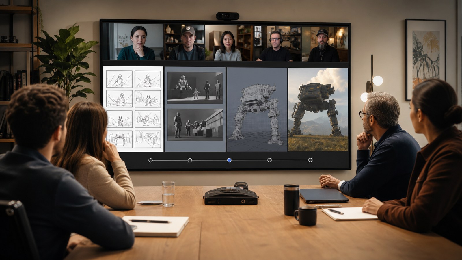 Rockford client and remote animation studio reviewing storyboard animatic technical references and final frames