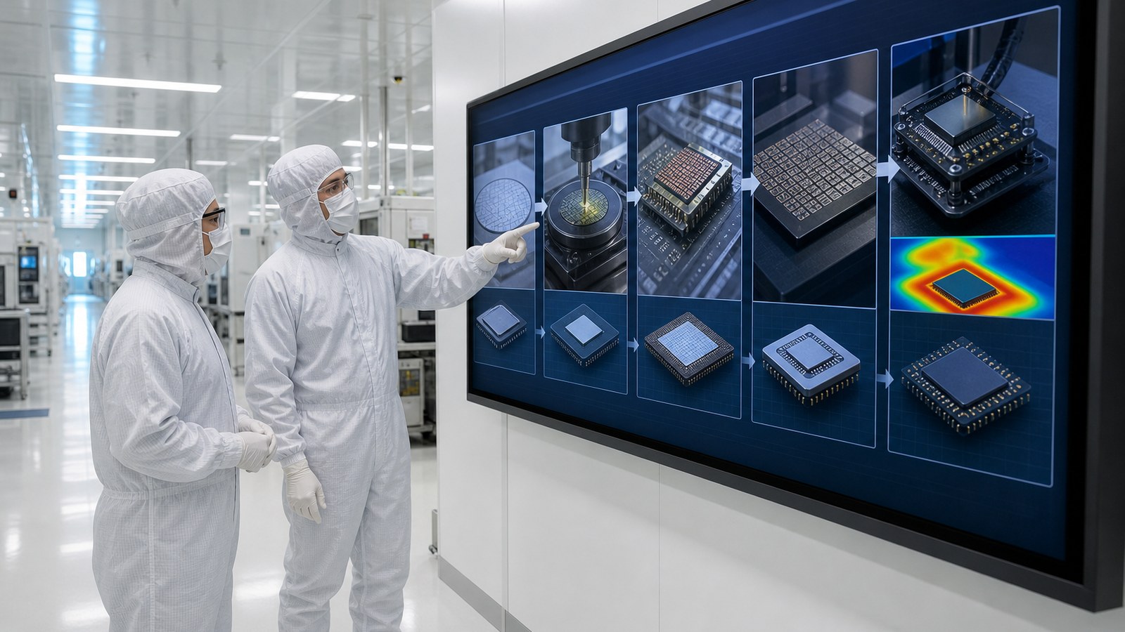 AI Chip Manufacturing Animation 4 Semiconductor engineers reviewing an AI chip manufacturing animation in a cleanroom facility