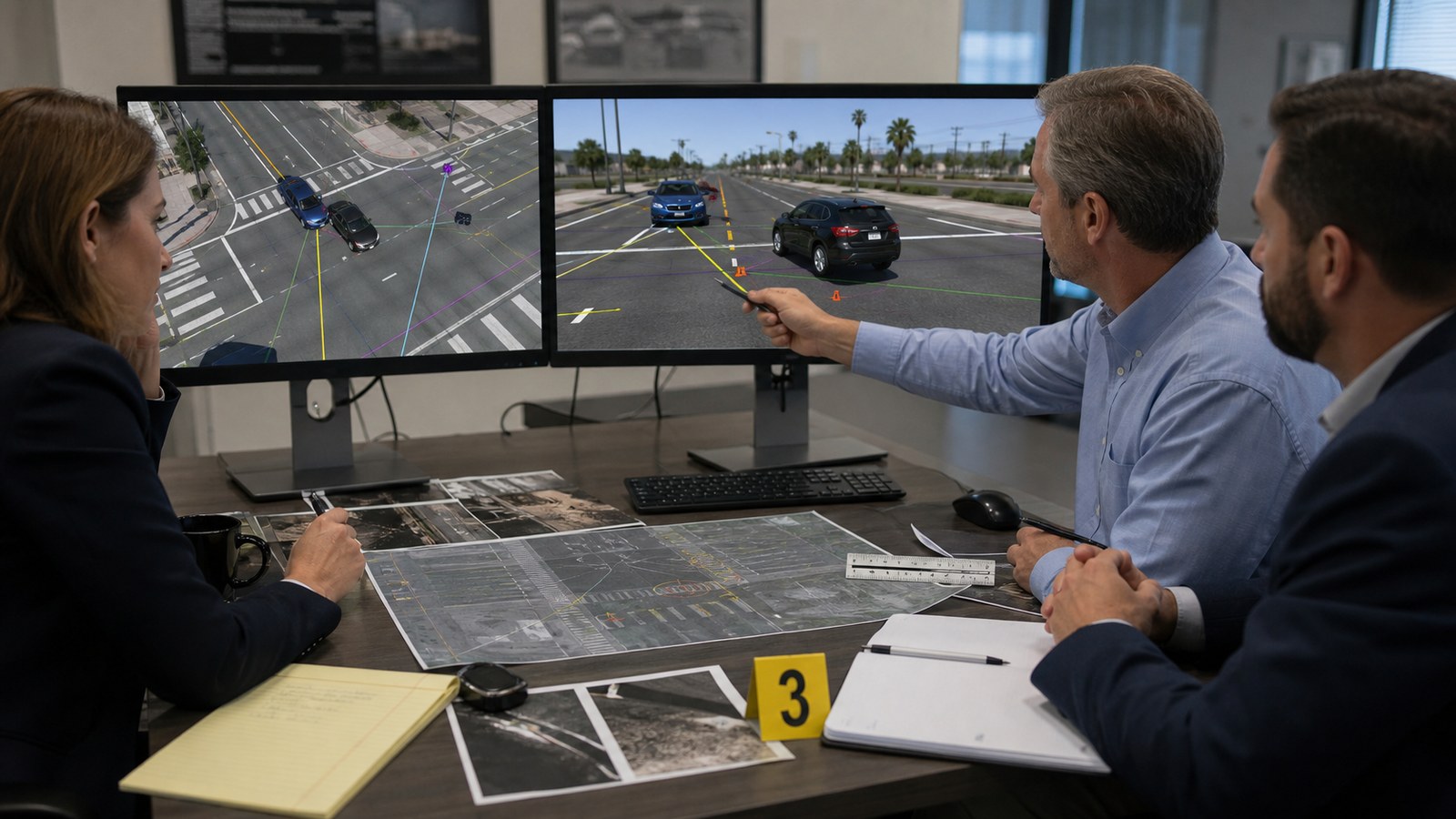 Torrance legal team reviewing measured roadway geometry evidence and forensic collision animation