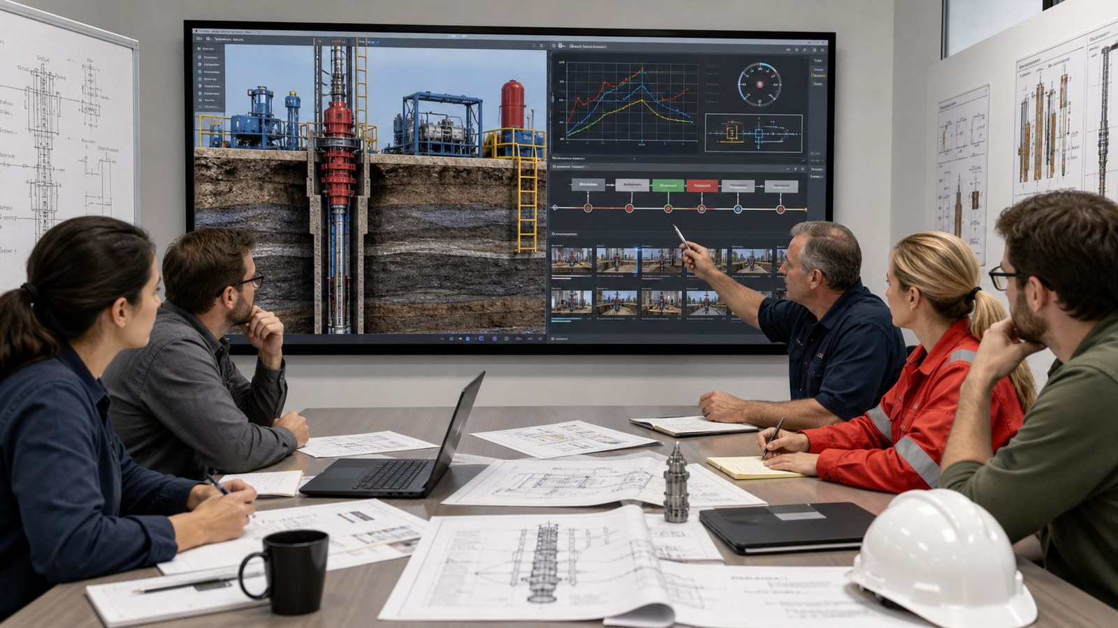 Well control specialists and animators reviewing a technical training animation