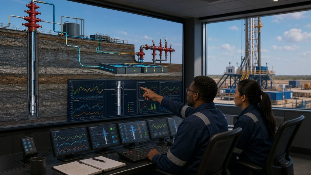 Well control training animation showing drilling professionals reviewing wellbore barriers BOP equipment and operating trends