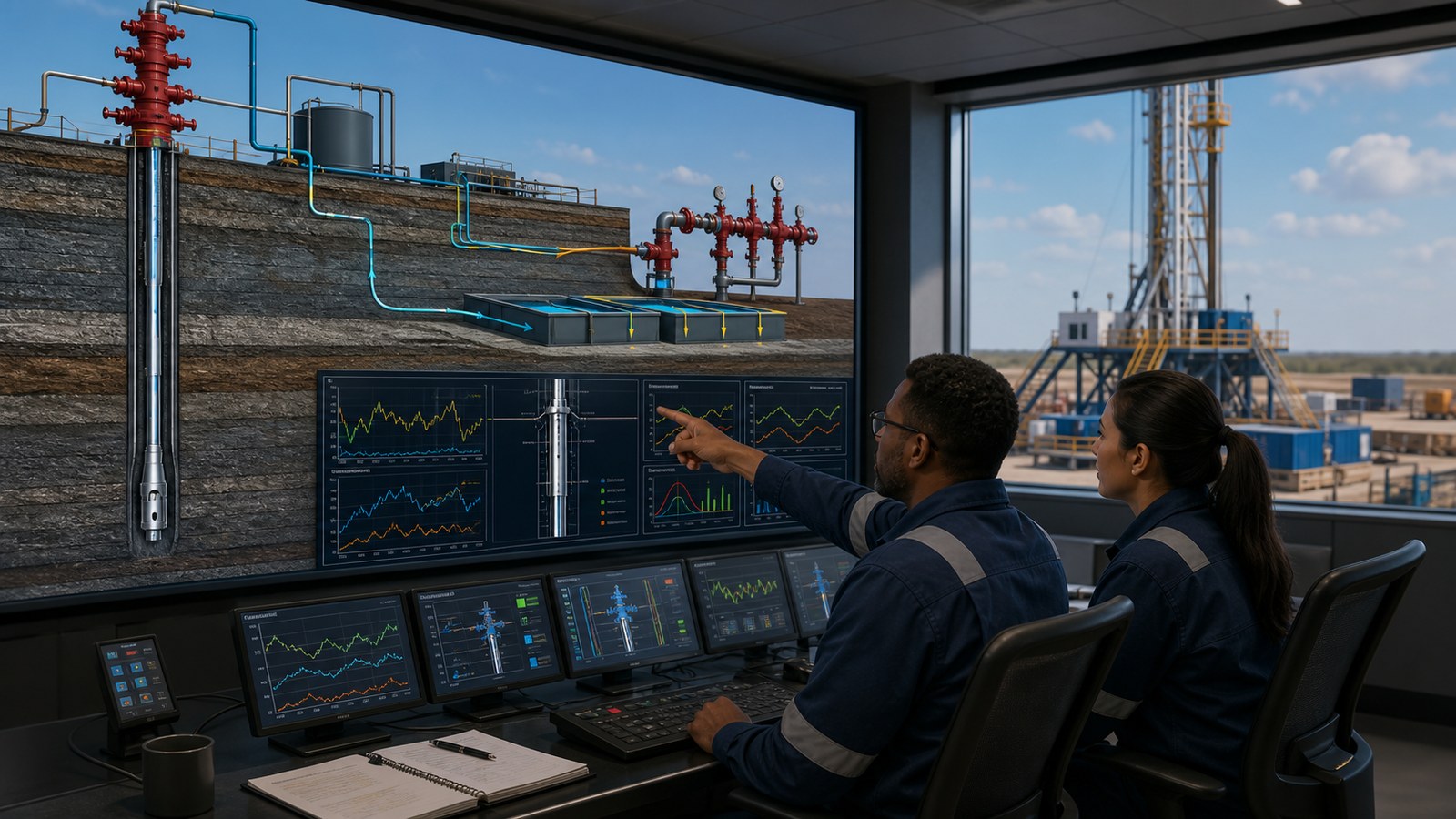 Well control training animation showing drilling professionals reviewing wellbore barriers BOP equipment and operating trends