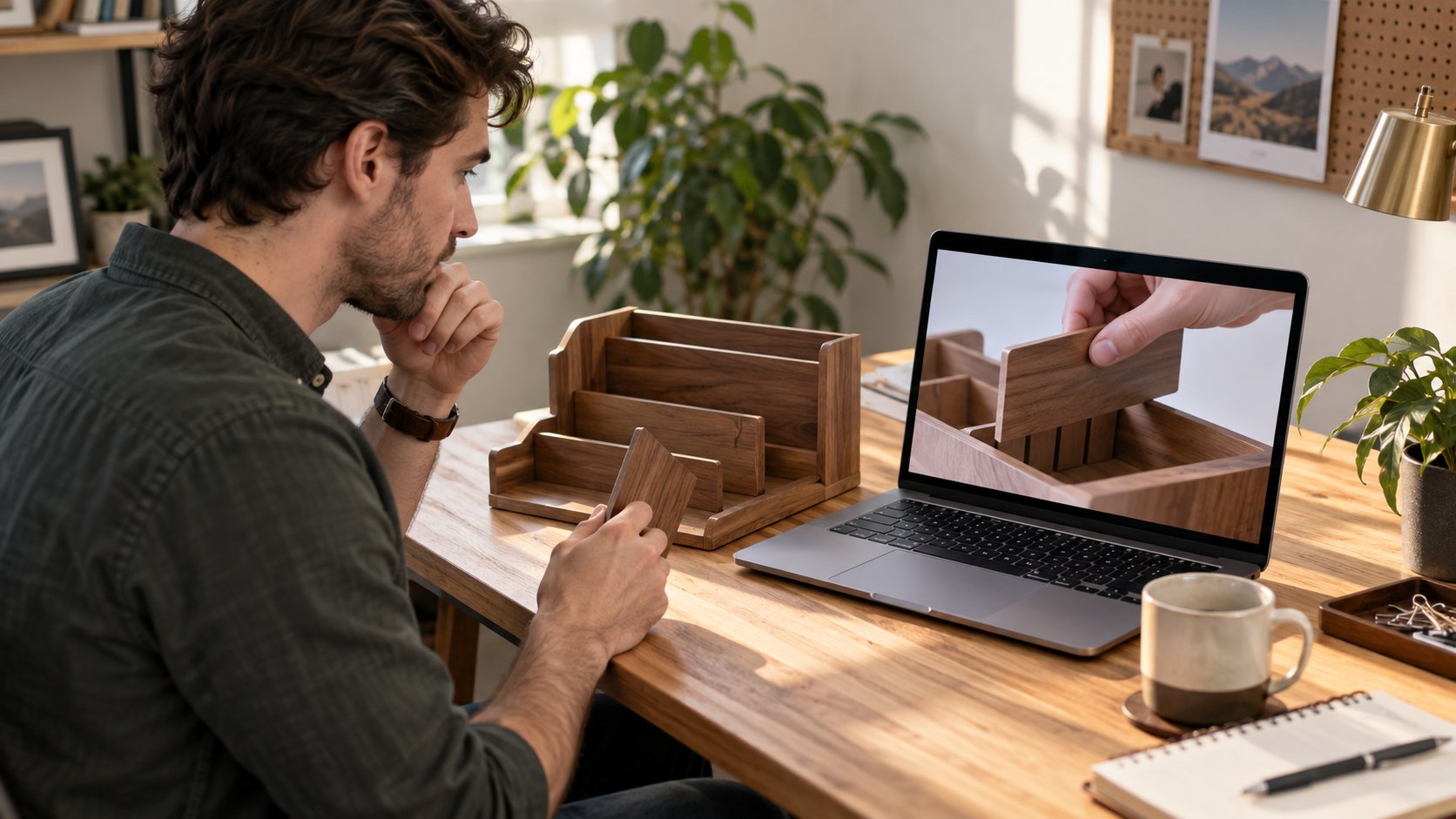 Viewer comparing a fictional assembly tutorial with physical organizer parts during usability review