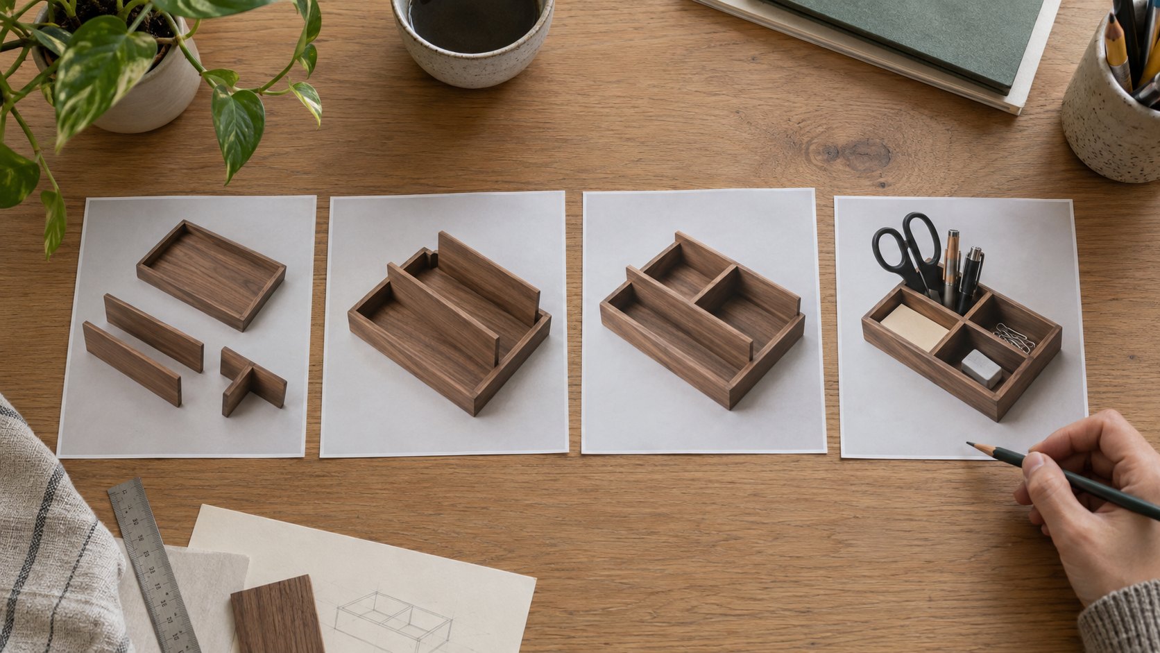 Storyboard planning for AI instructional videos showing stages of a fictional wooden organizer assembly