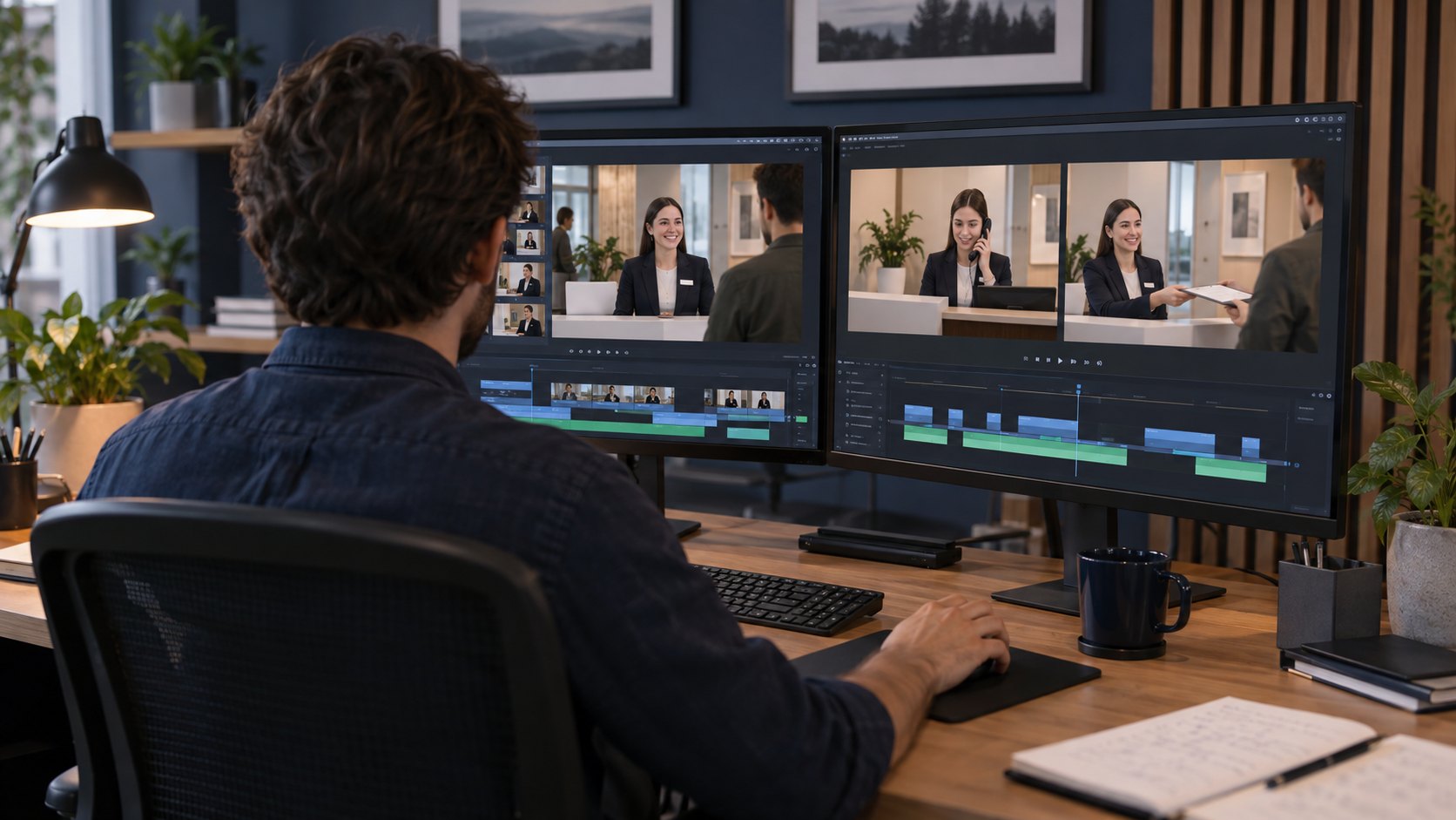 Illustrative editing workstation organizing short training video modules